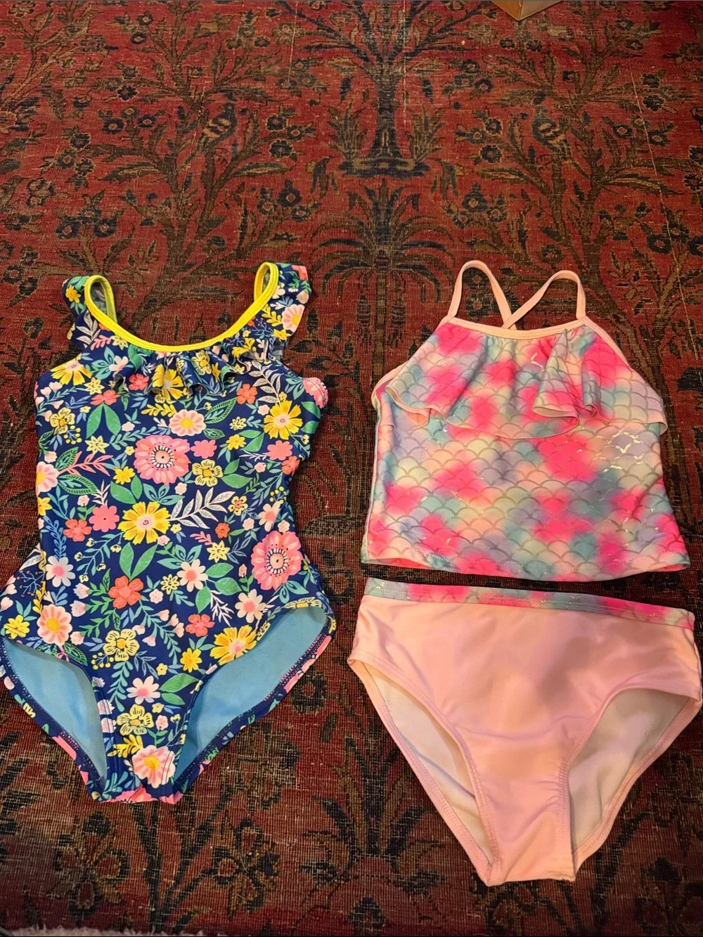 Girls Floral One-Piece Swimsuit + Pink Pastel Mermaid Tankini Set